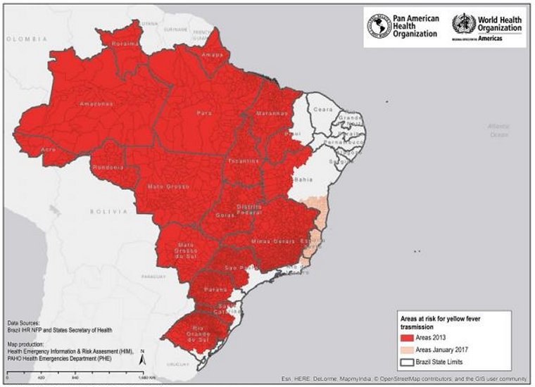 OMS divulga novo mapa de risco da febre amarela no Brasil